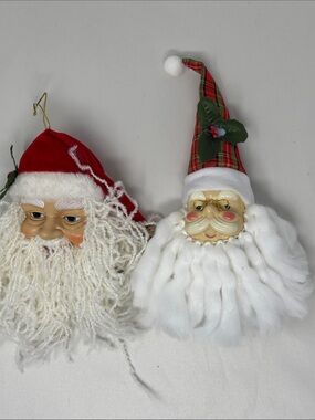 SANTA HEAD PLASTIC FACE CHRISTMAS ORNAMENTS LOT OF 2 VINTAGE HOLIDAY